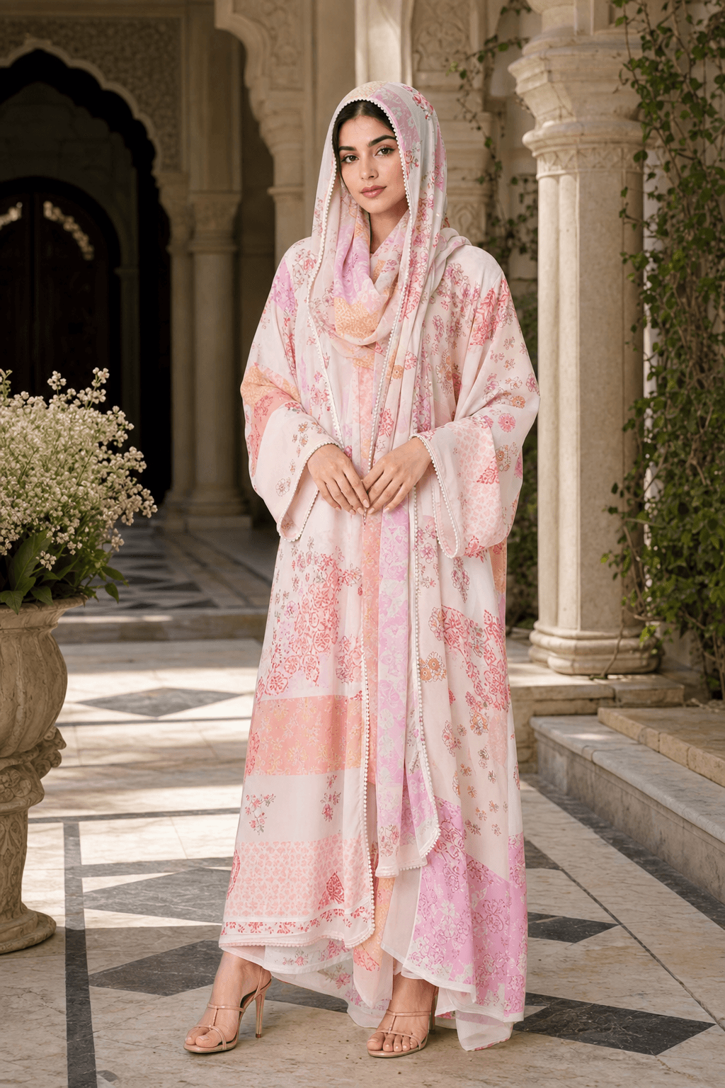 Silk floral self designed abaya