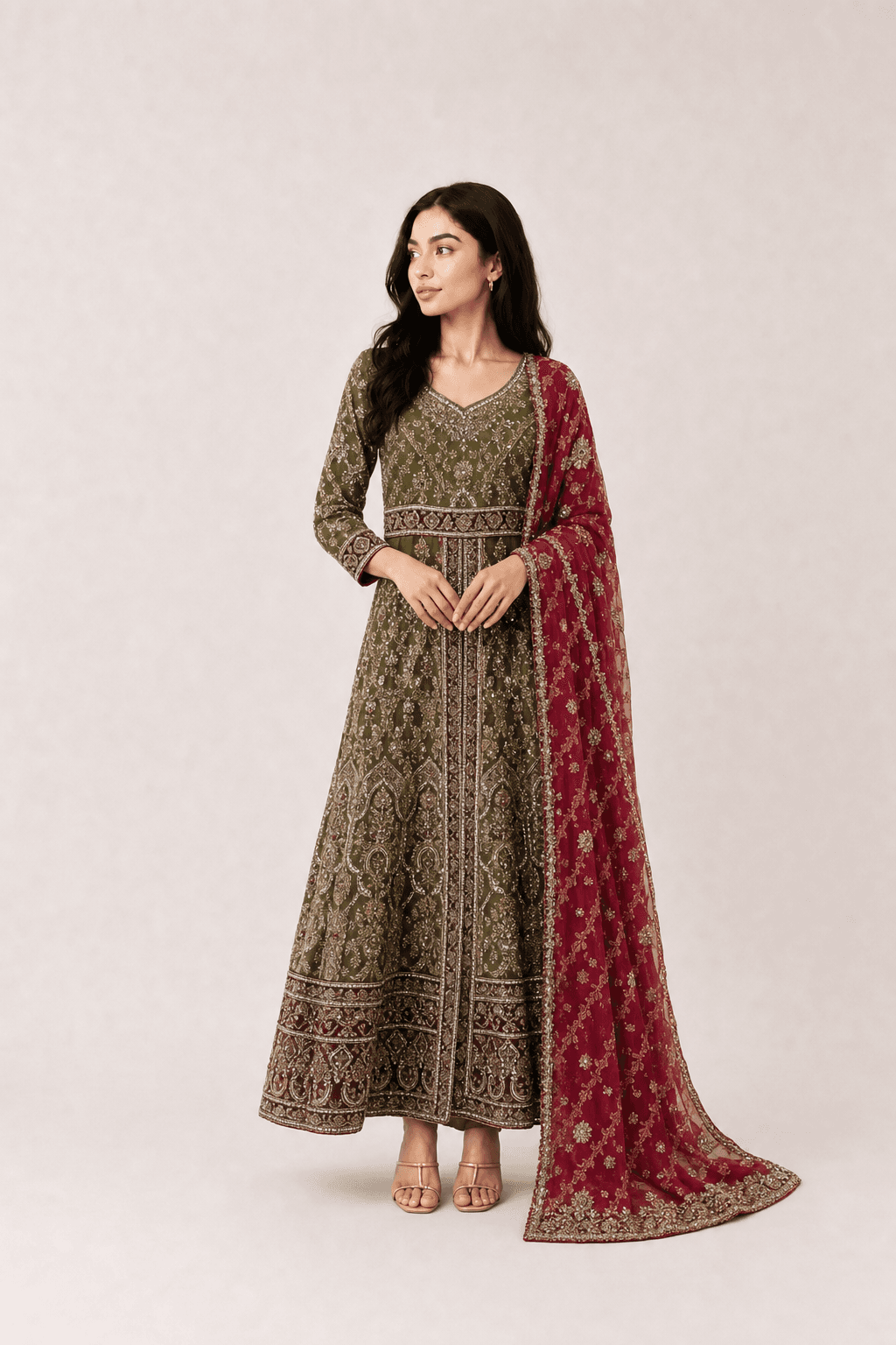 Green and red lehenga