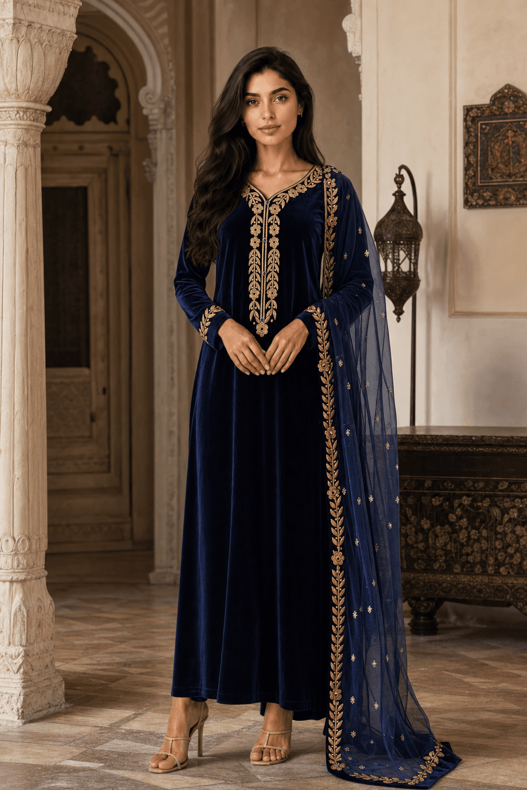 Velvet navy blue maxi dress