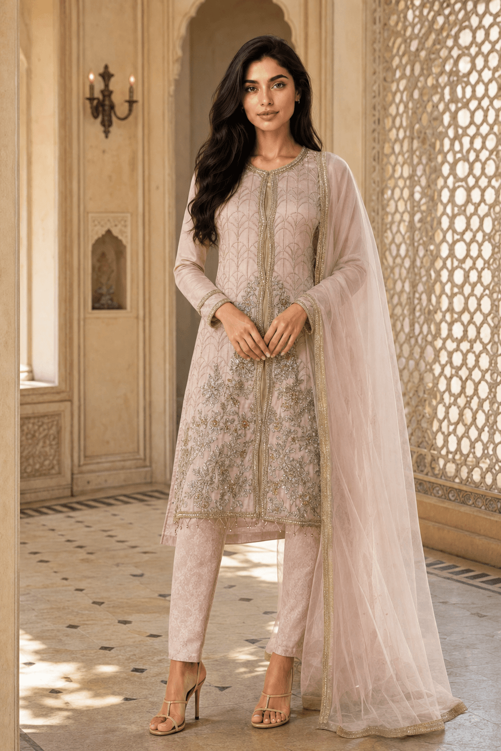 Champagne Pink Embroidered 3-Piece Suit