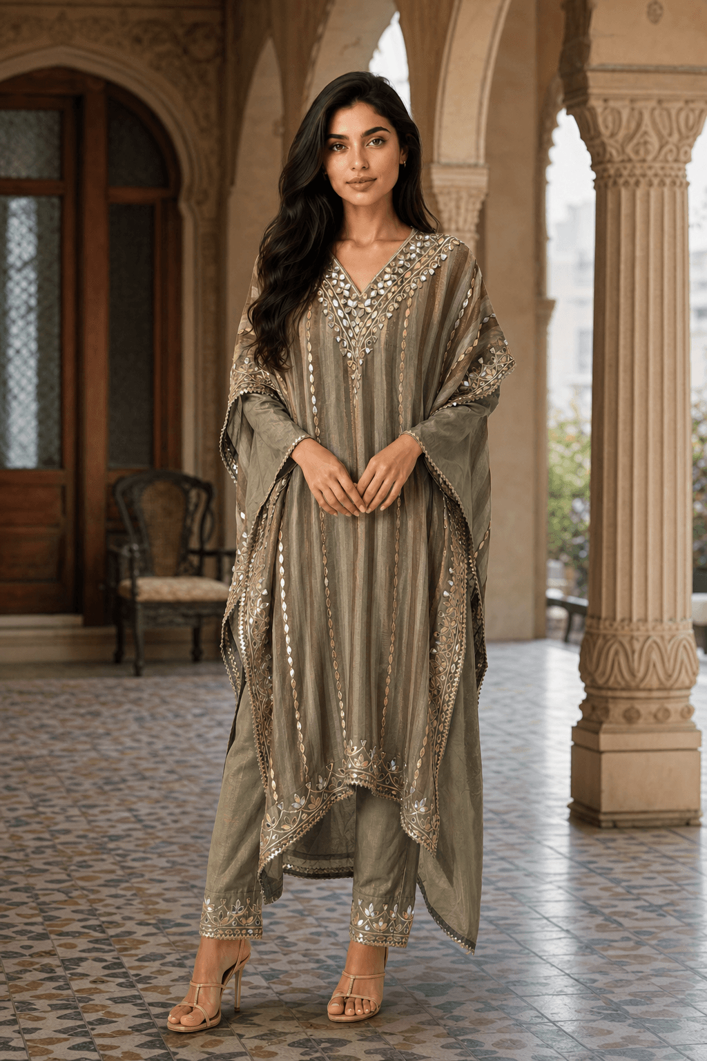 Olive Green Gota Patti Kaftan Set