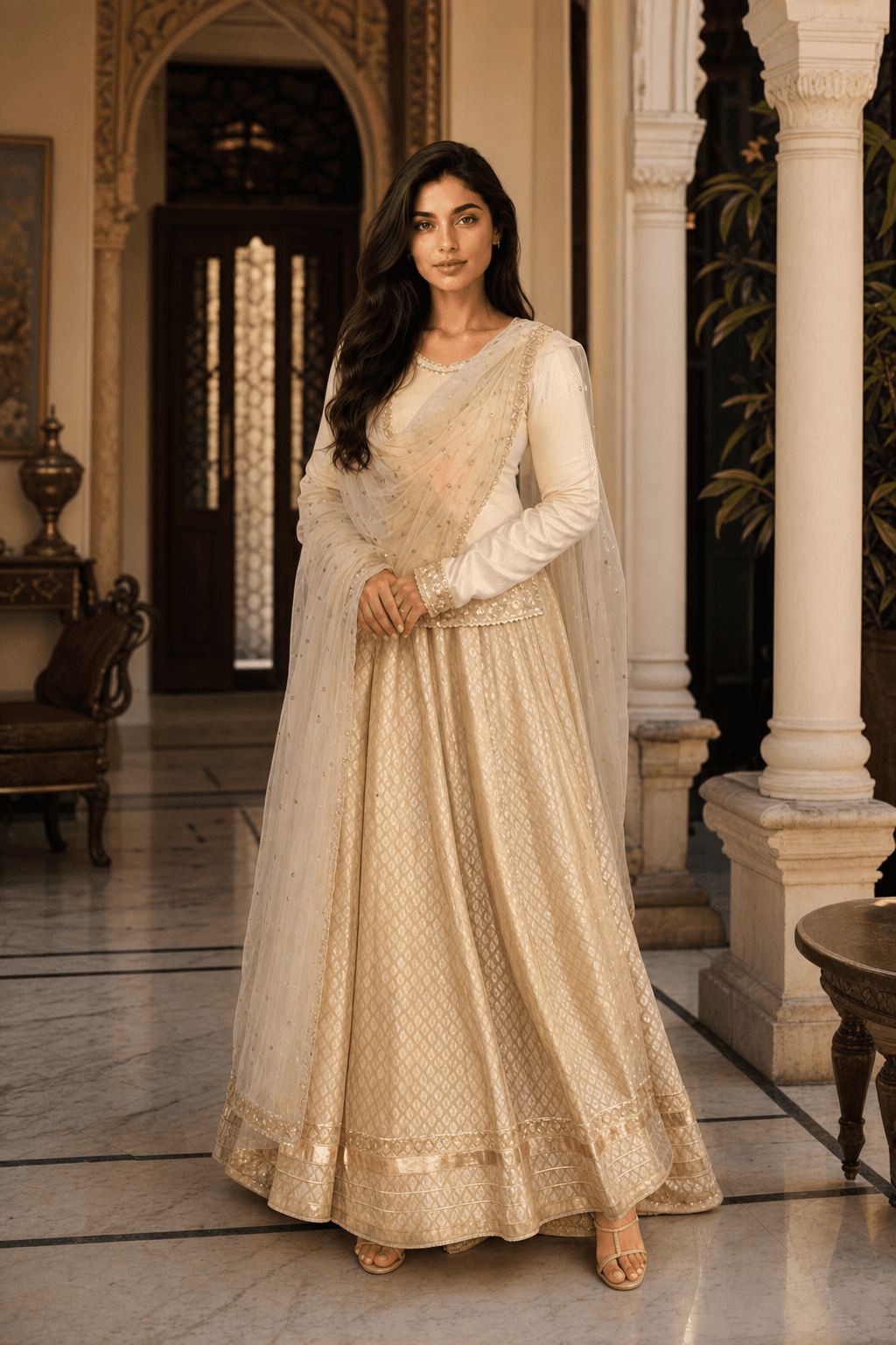 Off-white & golden lehenga