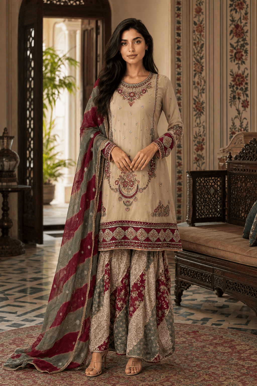 ETHNIC Beige Embroidered Kurta Set with Patchwork Sharara & Dupatta