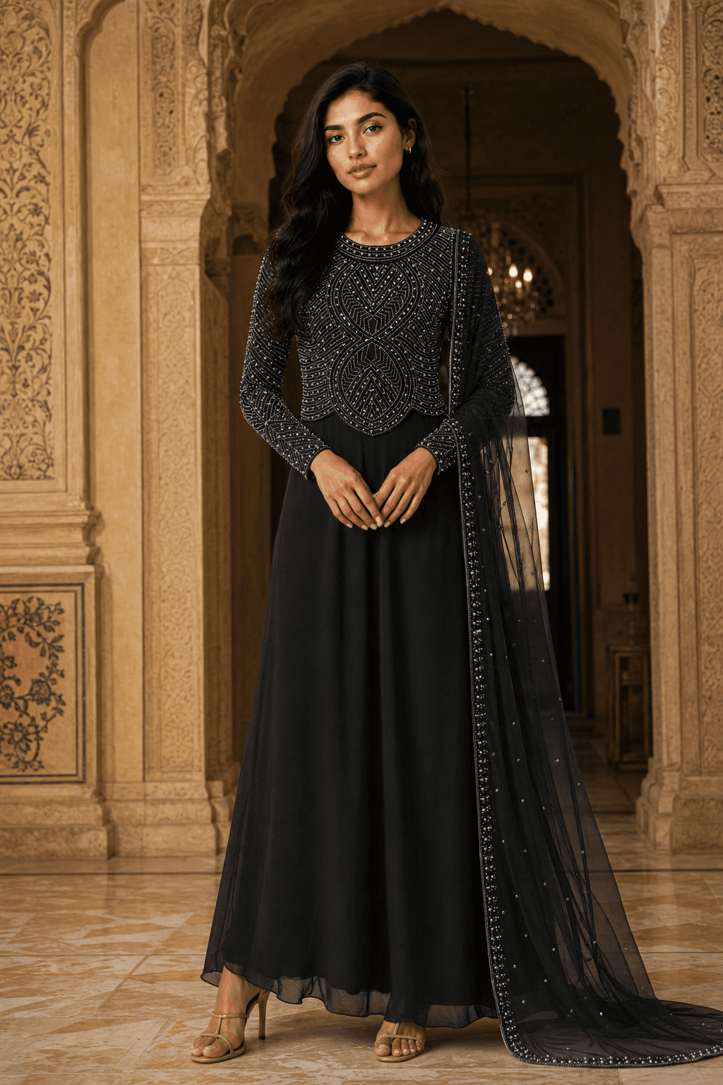Black Pearl & Beaded Long Sleeve Evening Maxi Dress