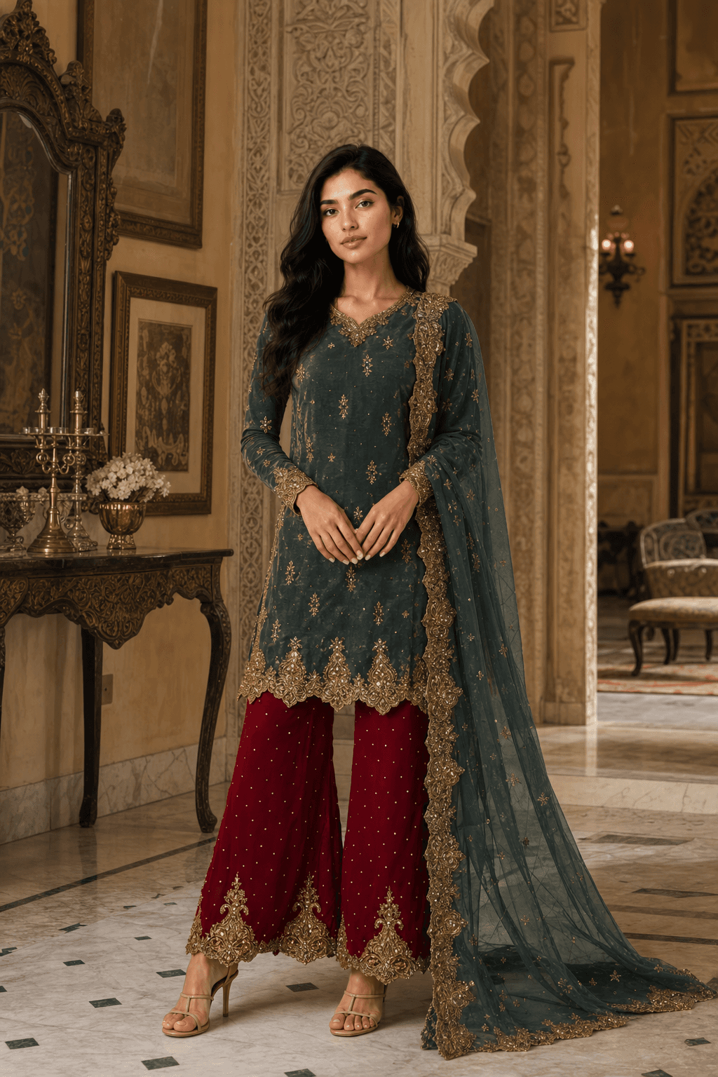 Dark Green & Maroon Embroidered Sharara Suit (3-Piece)