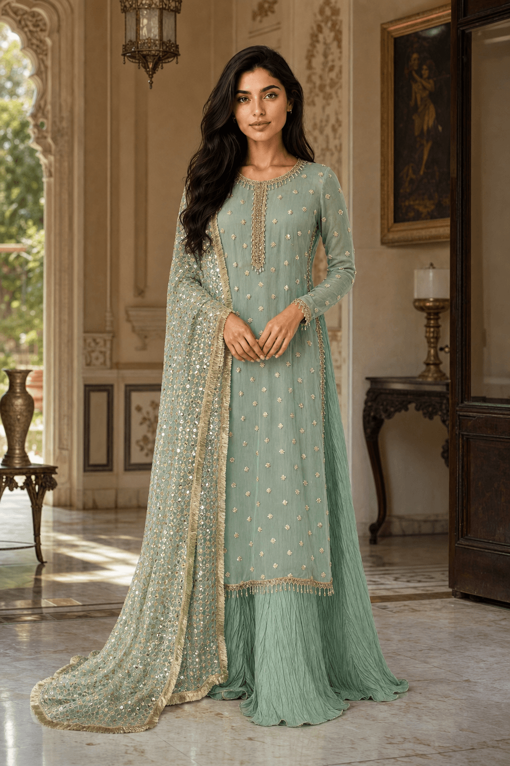 Mint Green Sequin-Embellished Peshwas