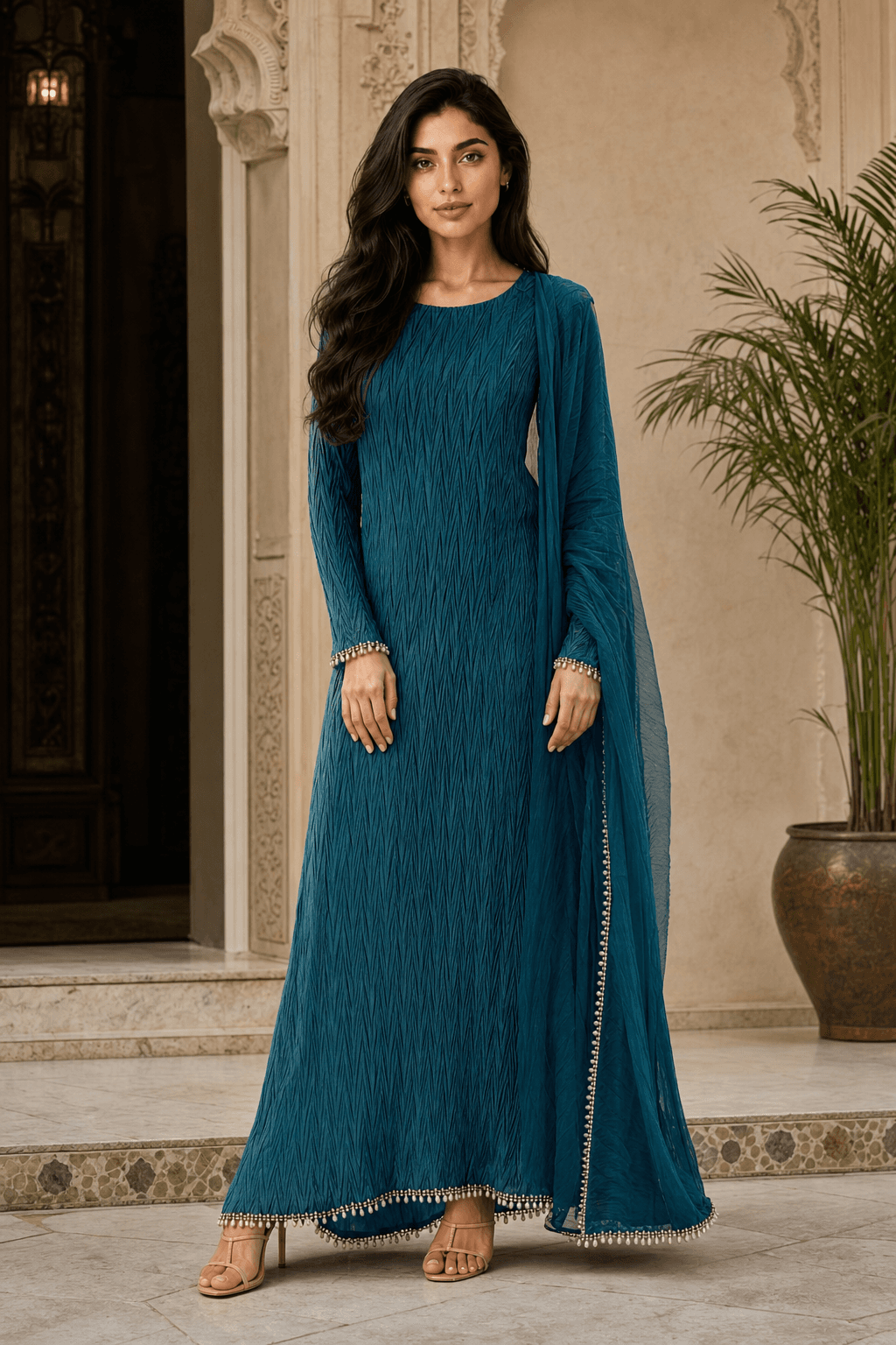 Teal Crinkled Long Dress with Pearl Fringe Trim