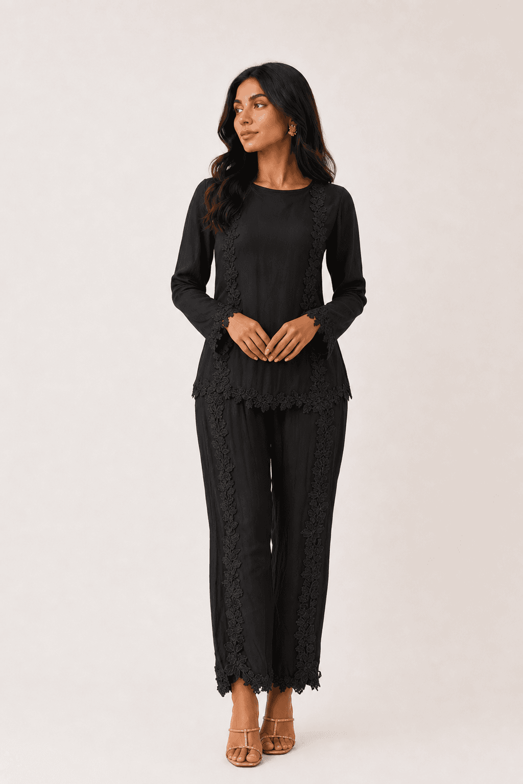 Sana Safinaz black floral trim pants