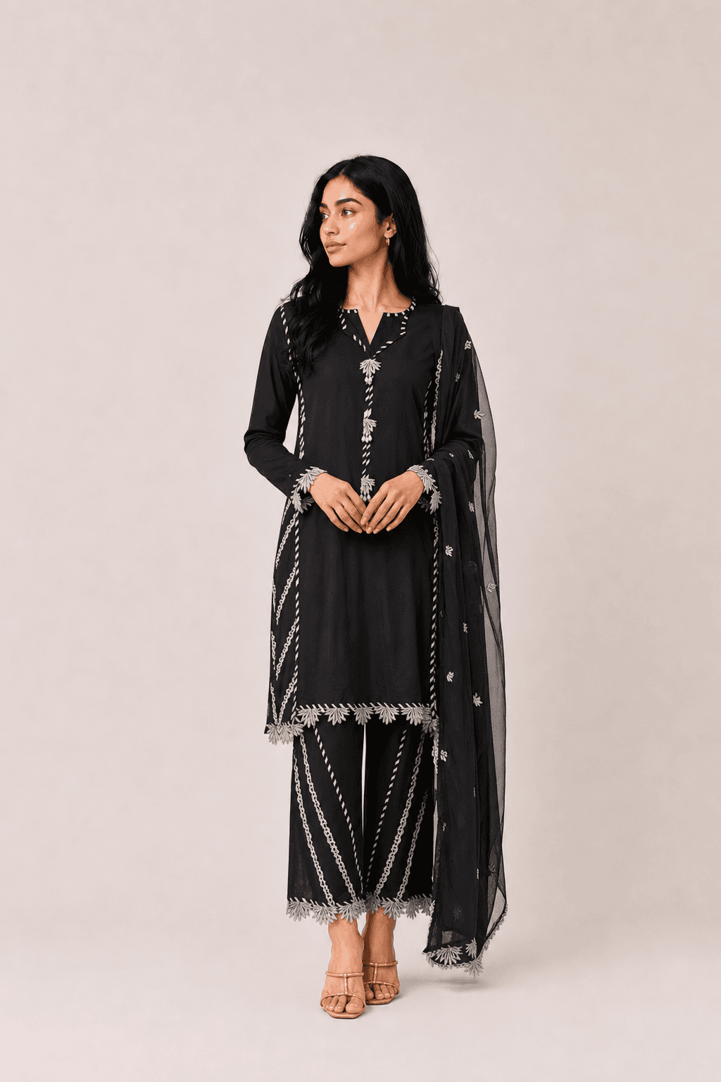 Sana Safinaz black embroidered shirt with cream accent