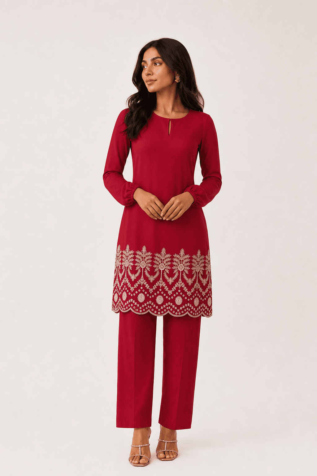 Limelight red long sleeve blouse with cream embroidery