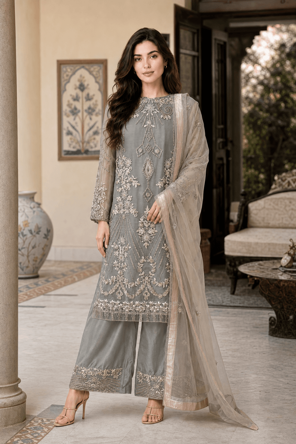 Net churidar with stone work