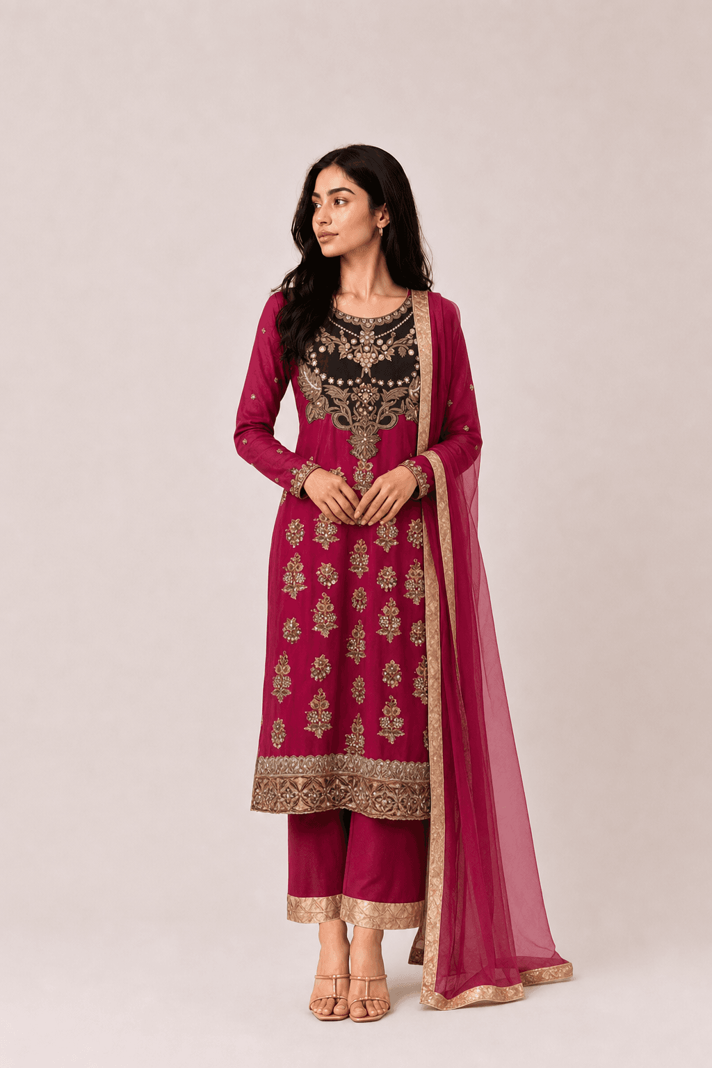 3 pc Ruby Red Shalwar Kameez, Festive Wedding Wear