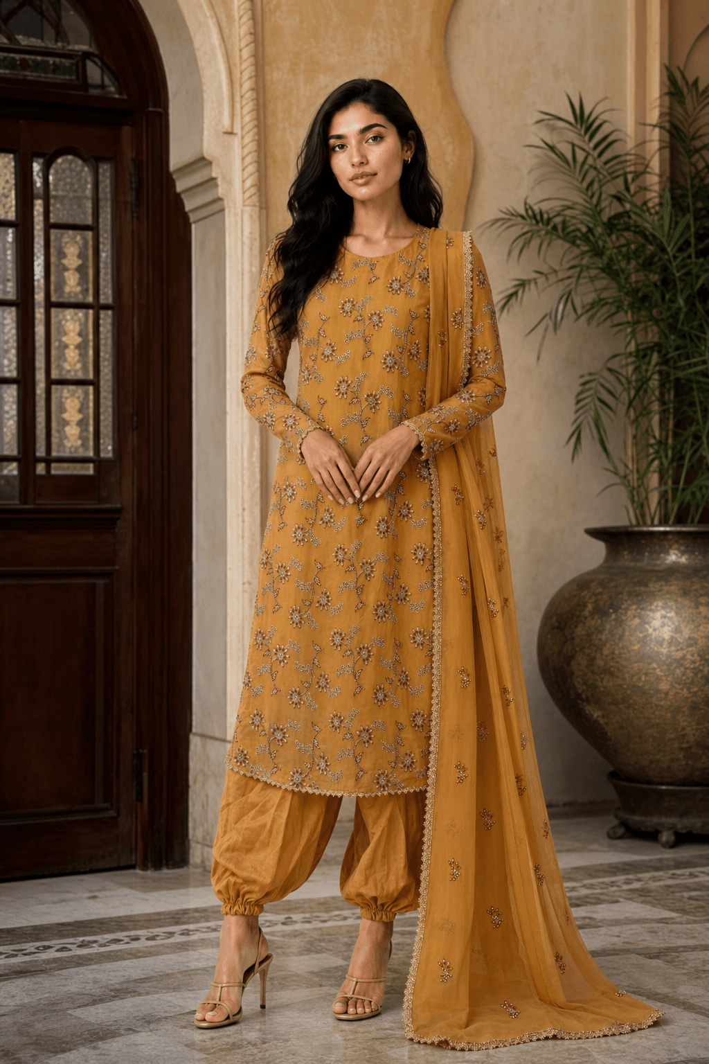 3-Piece Embroidered Pakistani Suit with Chiffon Dupatta