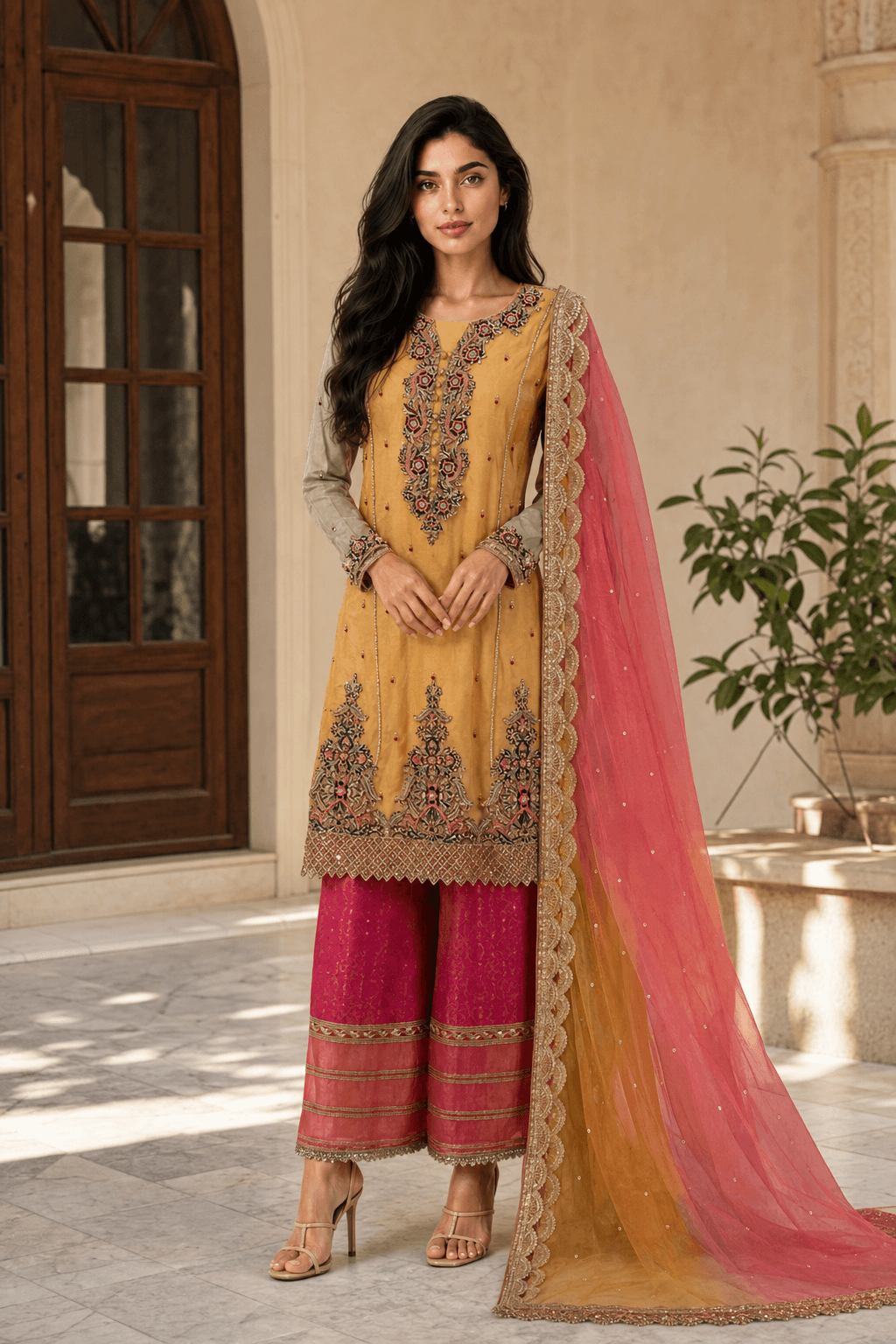 3 Piece Embroidered Pakistani Suit with Ombre Dupatta