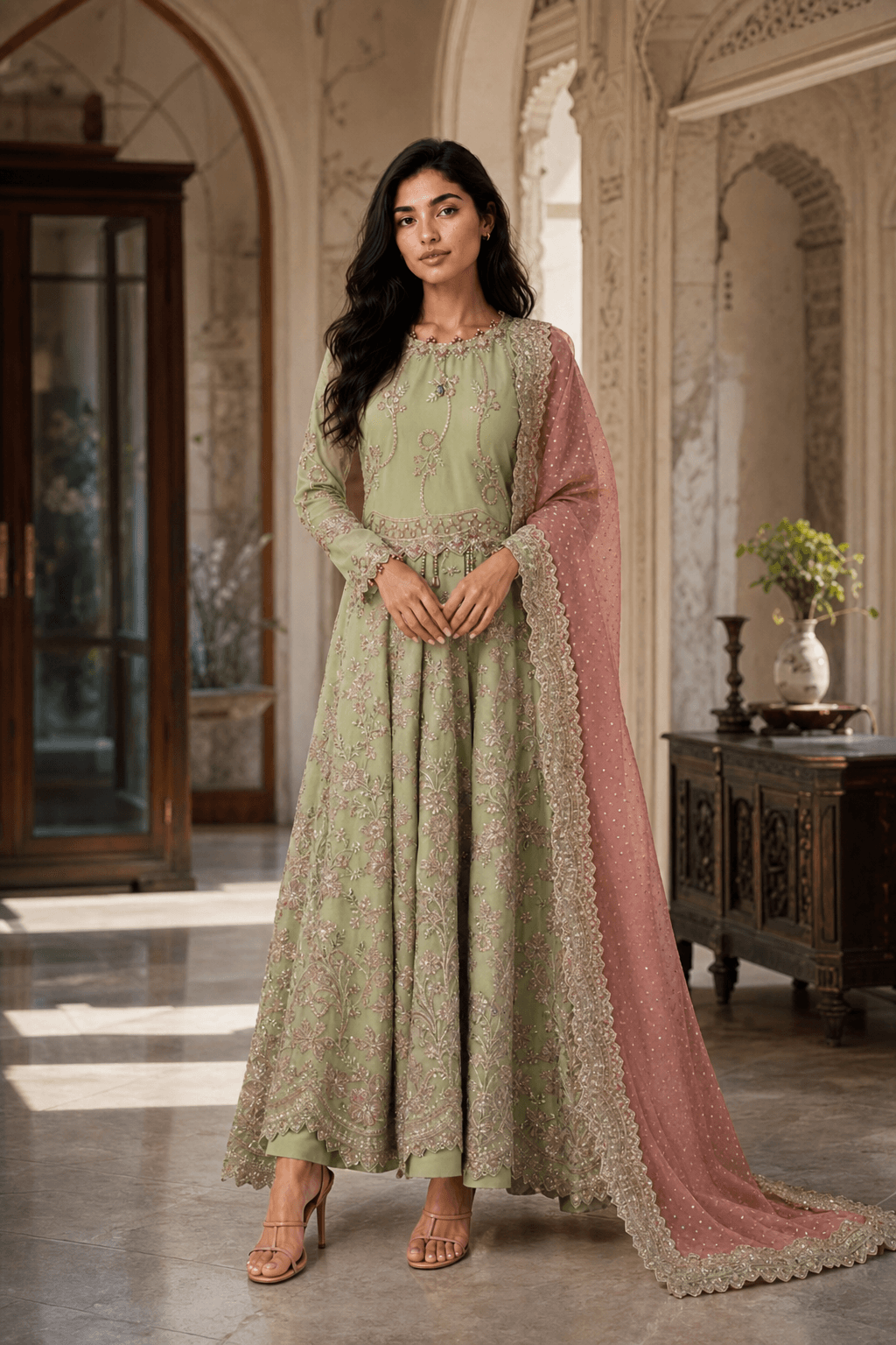 Green pink fancy maxi dress