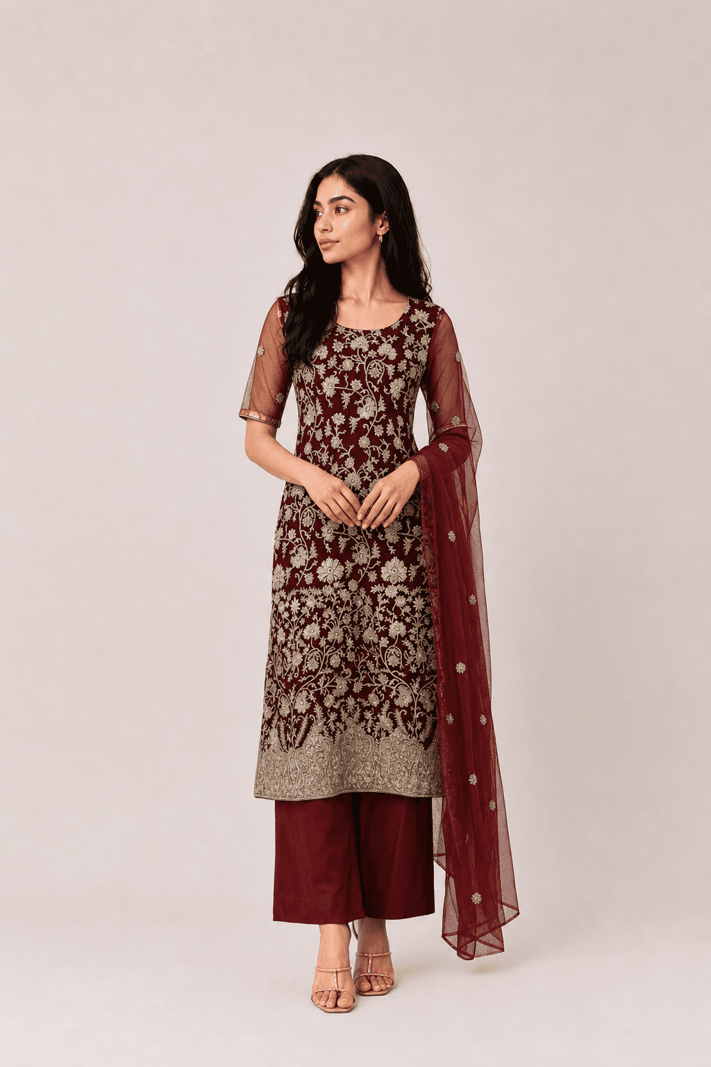 3 piece Pakistani Shalwar Kameez with dupatta maroon with gold Eid party wear