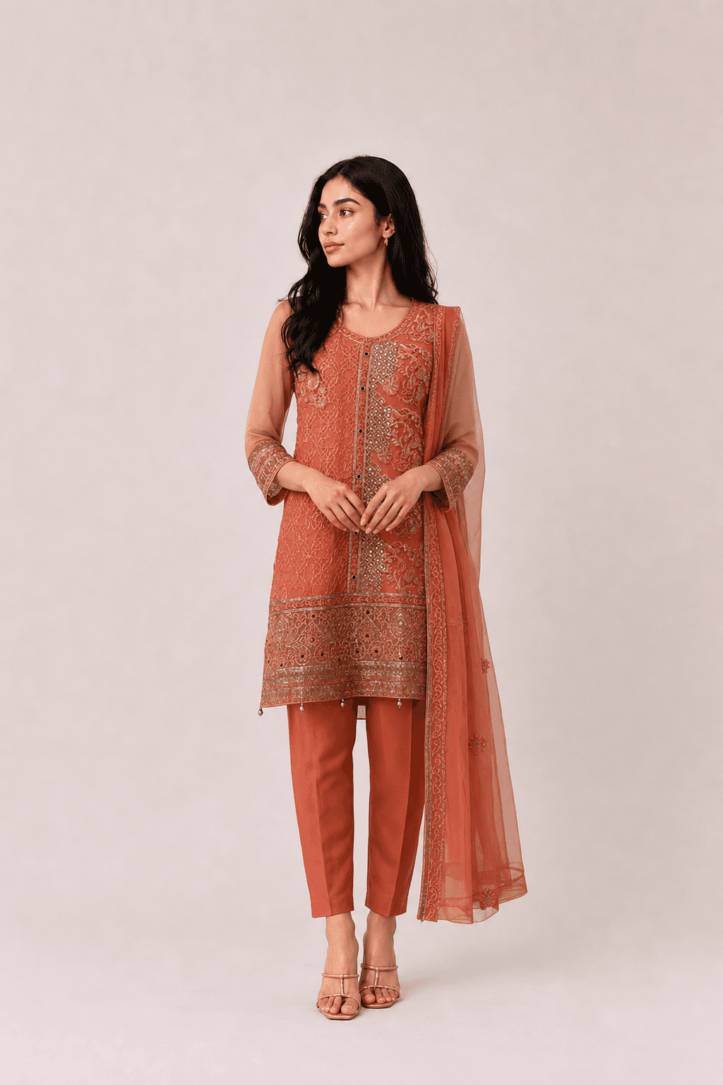 3 piece Pakistani Shalwar Kameez with dupatta salmon pink Eid party wear