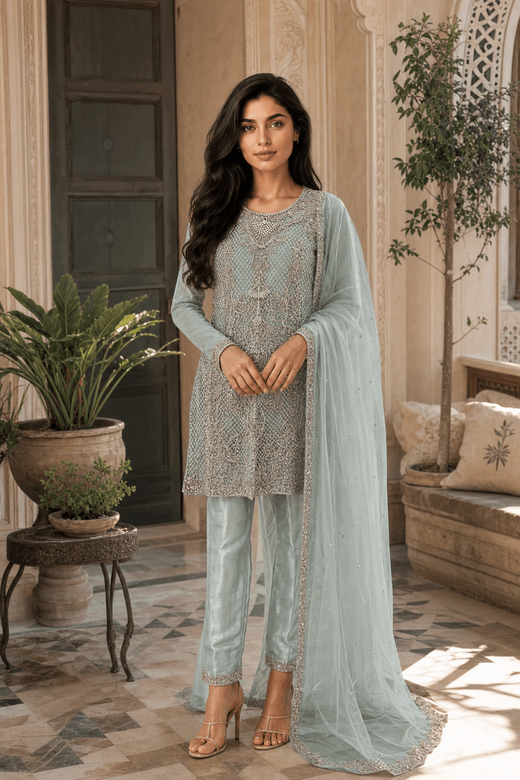 Fancy shalwar / 3 piece set Bedazzled Light Seafoam