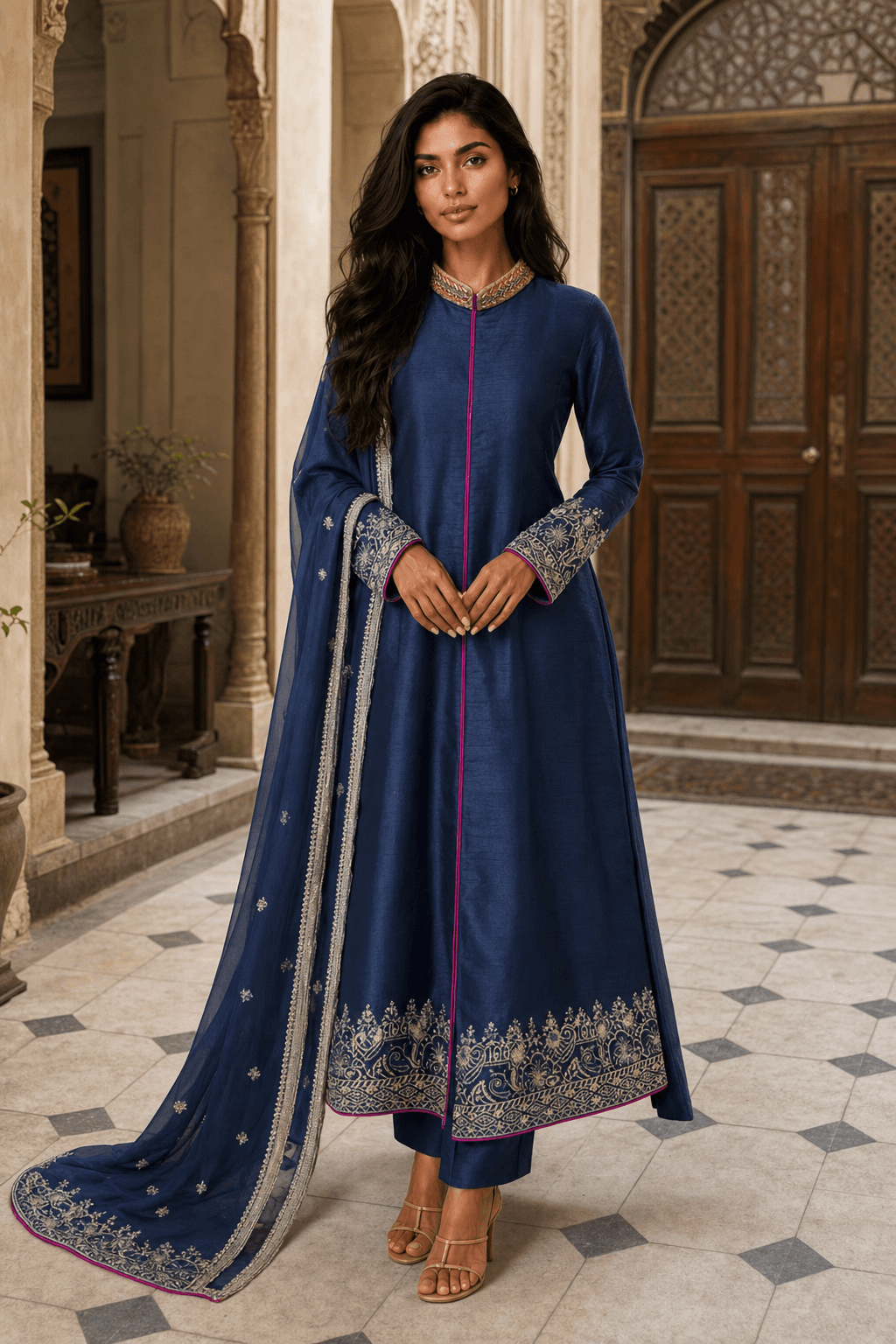 Navy Blue Pure Raw Silk Formal