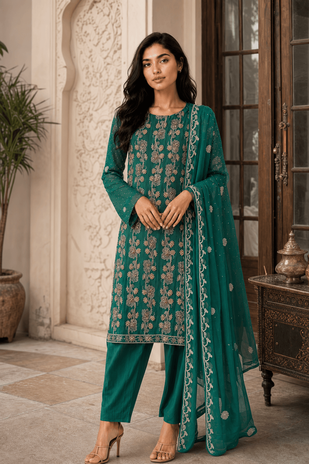 Emerald Green chiffon full Kaam outfit