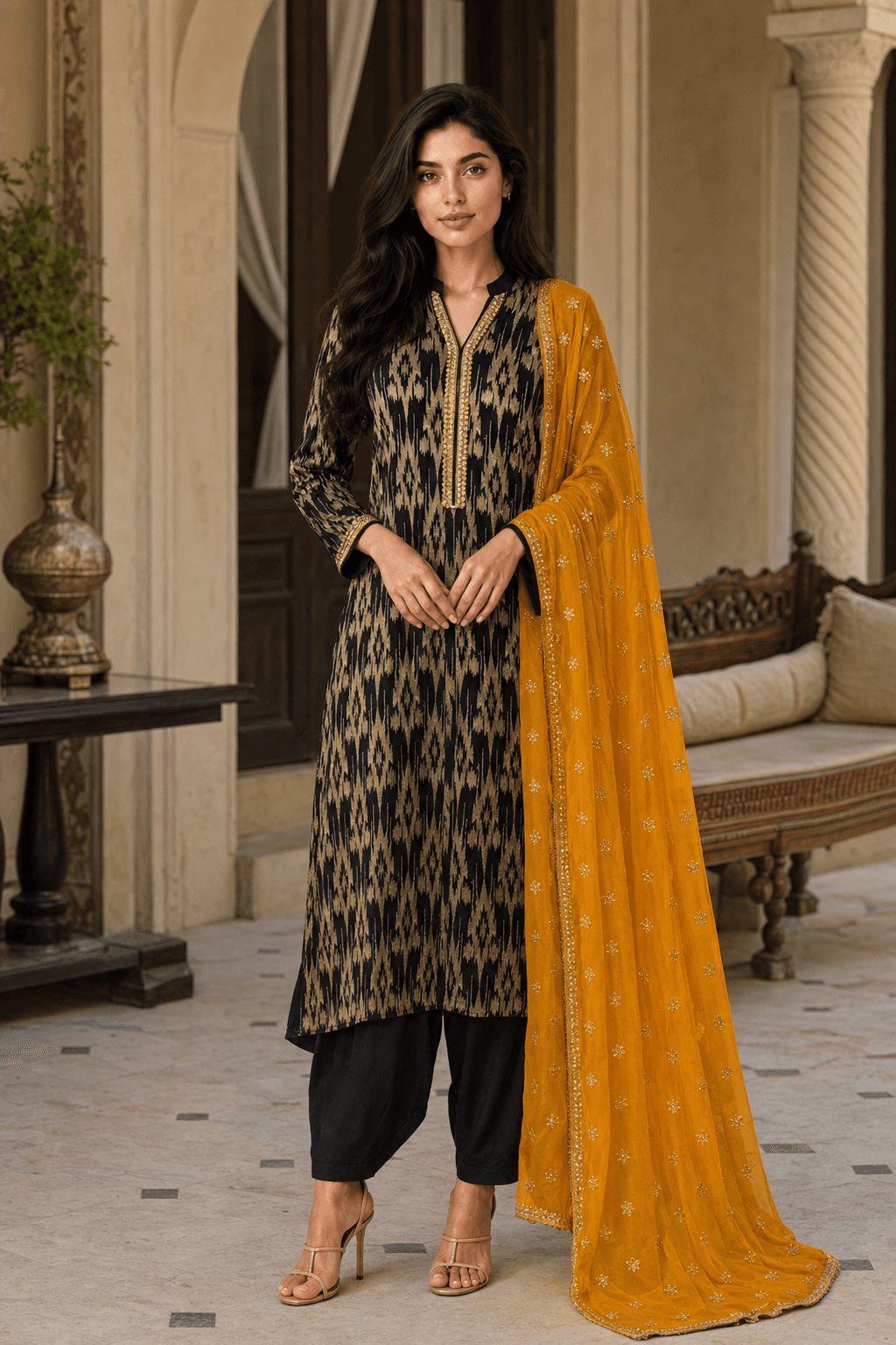 Black, Gold and Orange Kameez and Dupatta - 2 Piece
