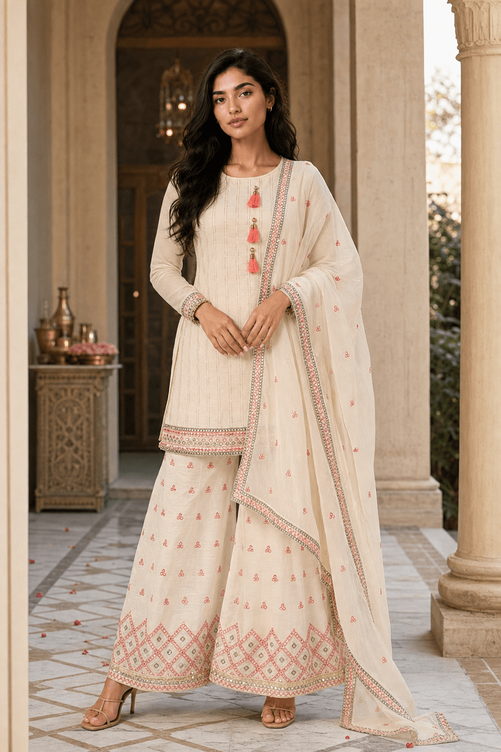 White, Pink and Green Sharara - 3 piece