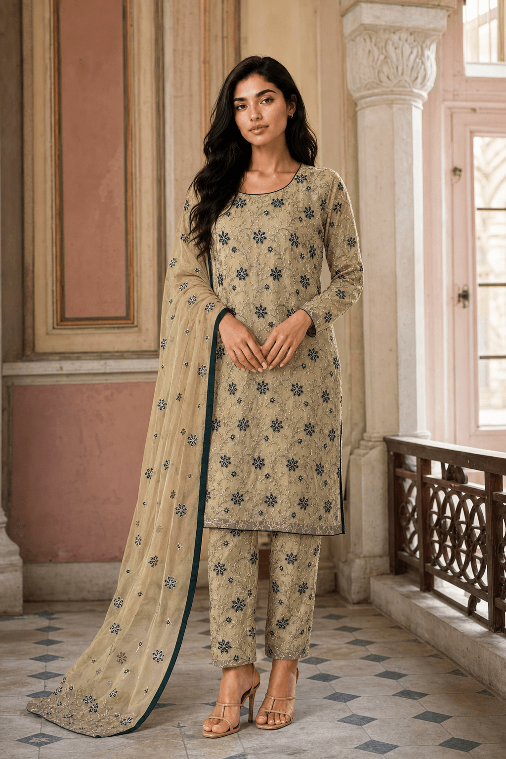 Net gold and green outfit with a net dupatta - 2 piece suit