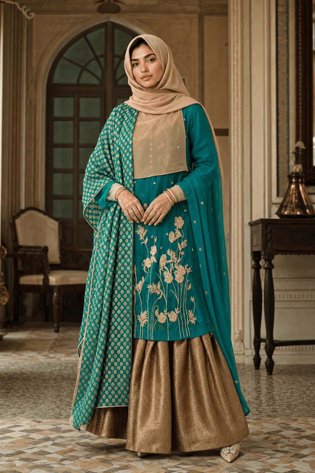 Turquoise and Gold Gharara - 3 piece