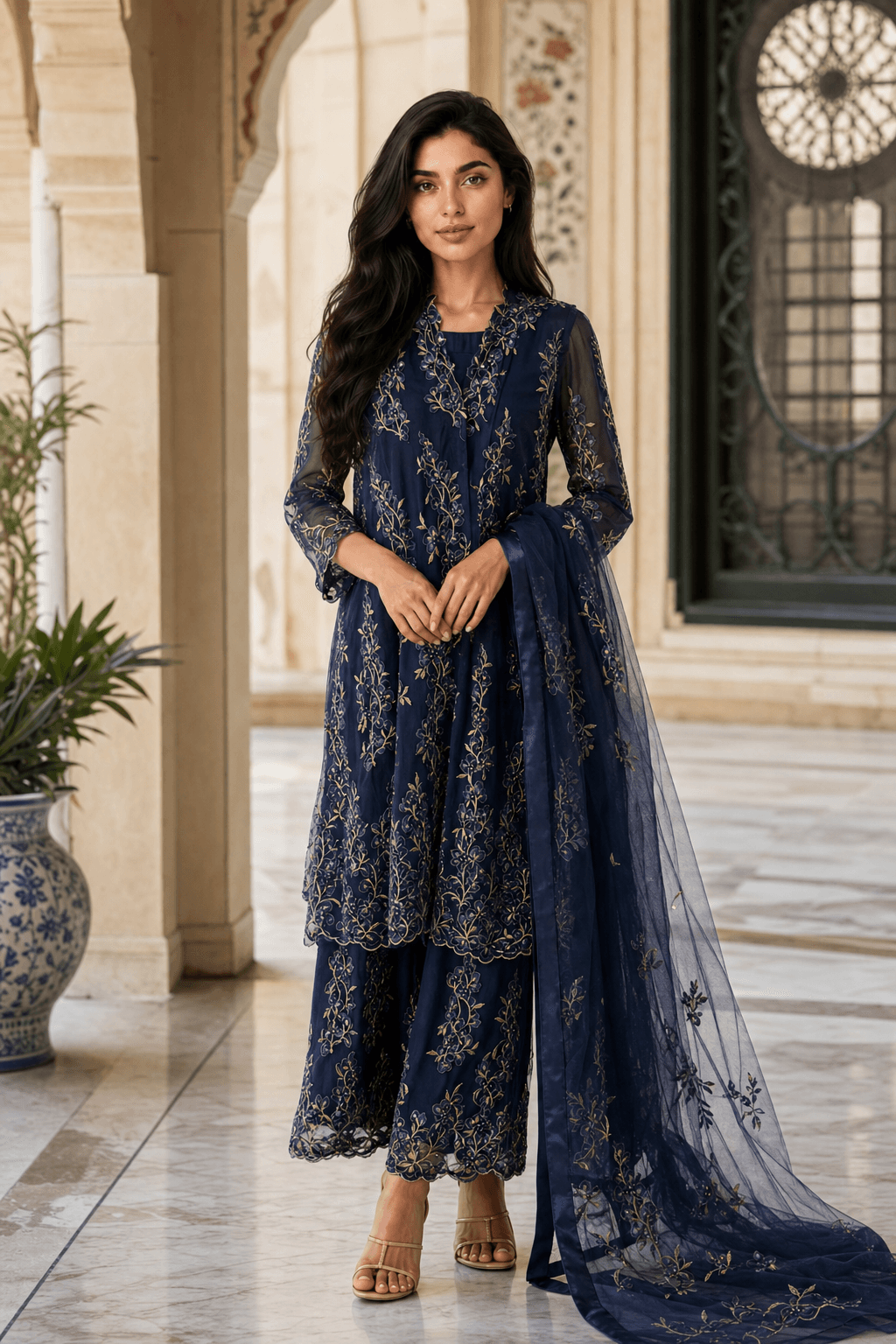 Dark Blue and Gold Kameez with Blue Dupatta - 3 piece (no pants)